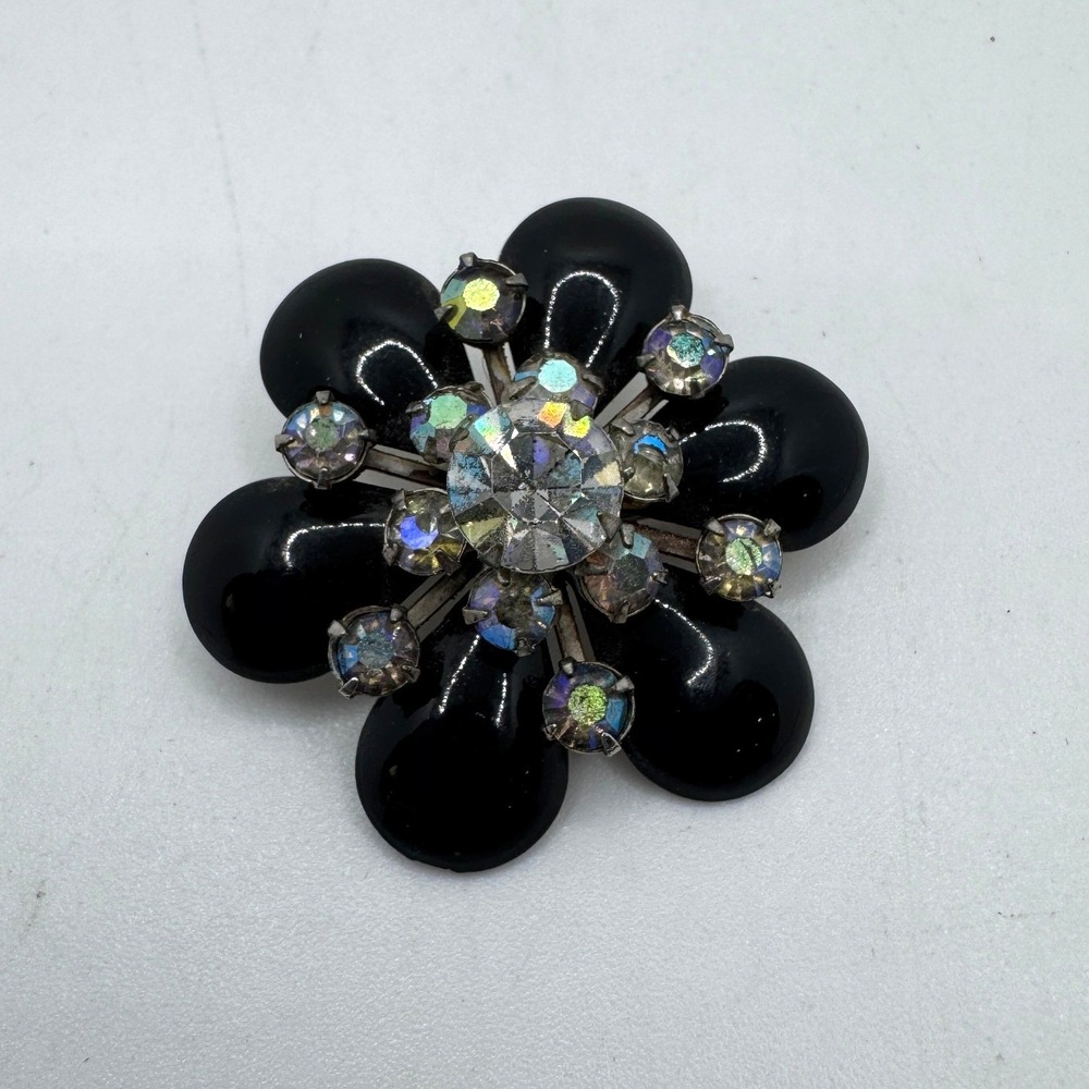 Vintage Black Enamel Flower Brooch Aurora Borealis Rhinestone Floral Pin